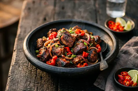 Spicy smoked goat meat with scotch bonnet peppers in a black bowl
