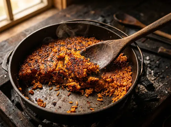 Wooden spoon lifting the crispy, smoky bottom pot crust from a black pot of jollof