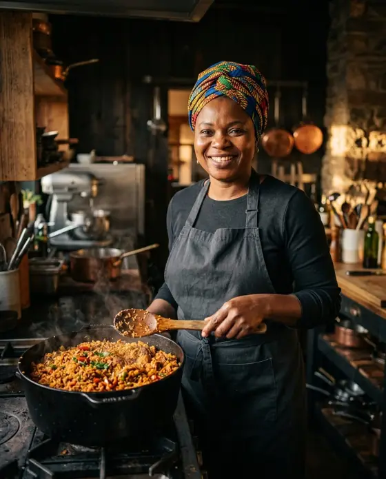 Chef Adaeze Okonkwo smiling in an ankara head wrap, holding a wooden spoon beside a pot of jollof