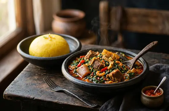 Efo riro spinach stew with red palm oil and a ball of yellow eba