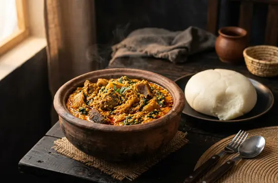 Clay pot of egusi soup with greens and meat beside a mound of pounded yam