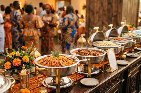 Wedding buffet with chafing dishes of jollof rice and stews