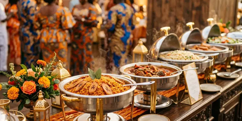 Owambe wedding buffet with silver chafing dishes of jollof and stews