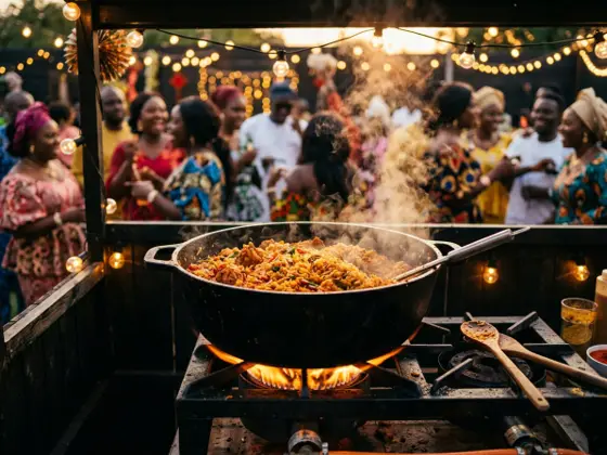 Live jollof cooking station at an outdoor celebration with smoke rising