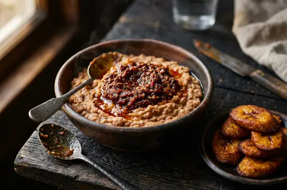Mashed honey beans with smoky pepper sauce and fried plantain