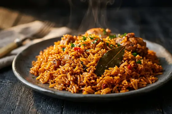 Plate of glossy orange-red party jollof rice with steam rising