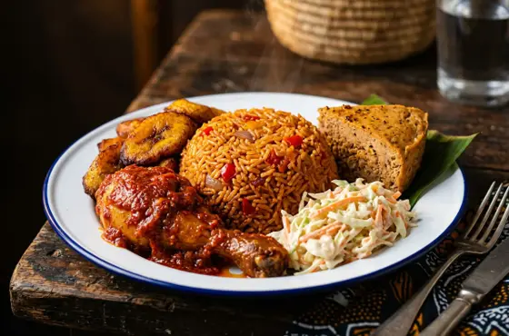Owambe plate with jollof rice, peppered chicken, fried plantain, coleslaw and moin moin