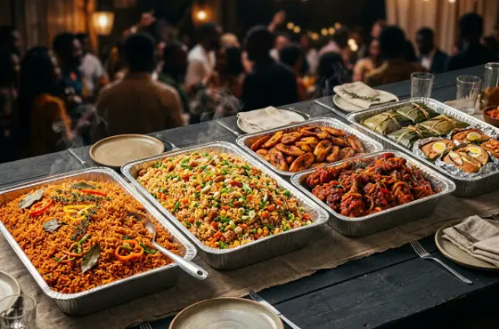 Catering trays of jollof rice, fried rice, chicken and plantain