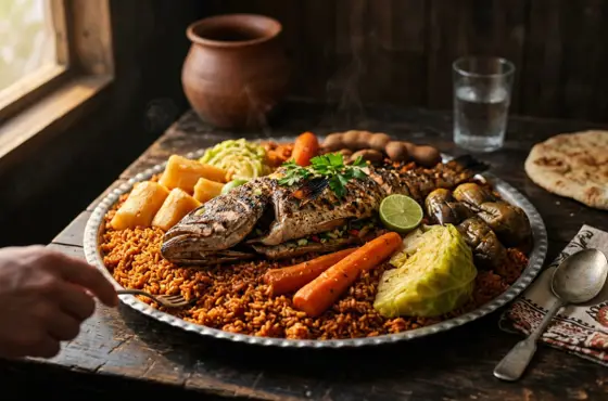 Platter of thieboudienne red rice with whole fish and vegetables