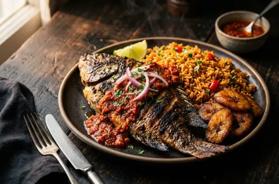 Whole grilled tilapia topped with red pepper sauce, served with jollof and plantain